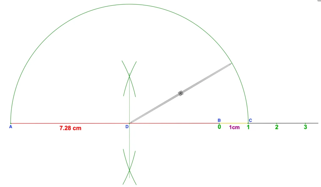 Semicircle with diameter 7.28 for representation of square root 7.28 on the number line